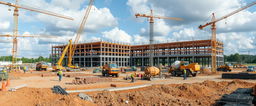 A detailed view of a civil construction site, showcasing a large, open terrain with ongoing building activities