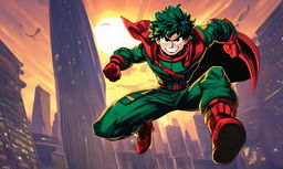 Midoriya Izuku from My Hero Academia reimagined as a Marvel superhero, standing in a dynamic pose against a cityscape at dusk