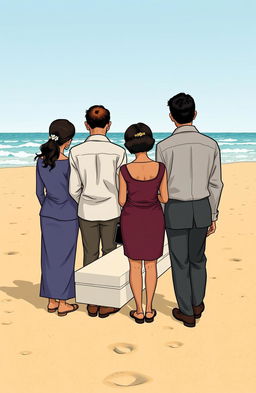 An illustration styled like a Mafalda comic, depicting a family attending a seaside funeral at a beach with an inspiring shoreline