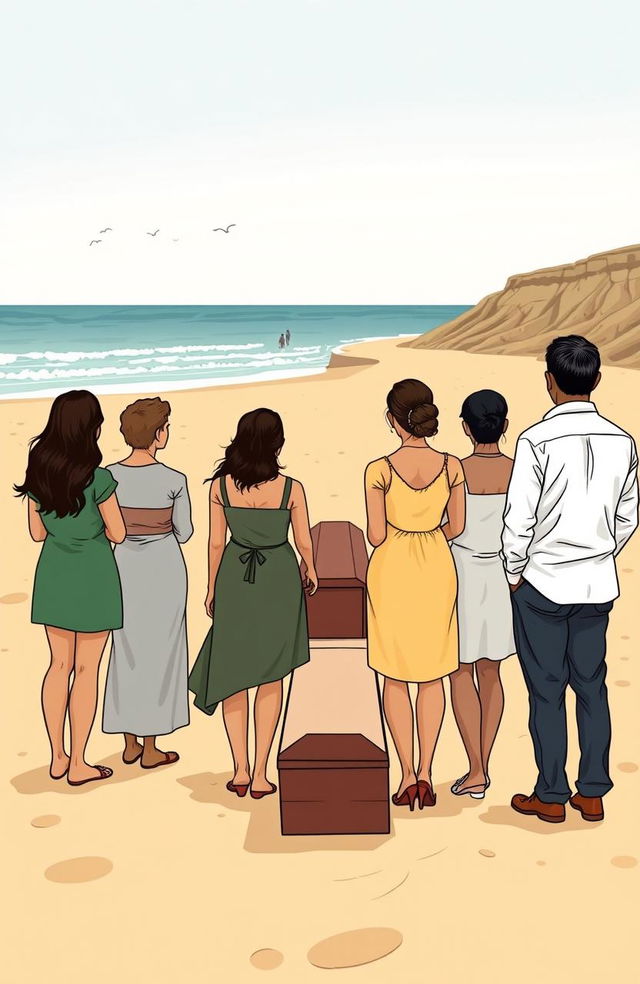 An illustration styled like a Mafalda comic, depicting a family attending a seaside funeral at a beach with an inspiring shoreline