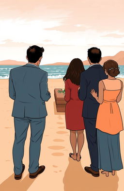 An illustration styled like a Mafalda comic, depicting a family attending a seaside funeral at a beach with an inspiring shoreline