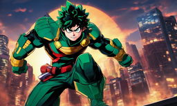 Midoriya Izuku from My Hero Academia reimagined as a Marvel superhero, standing in a dynamic pose against a cityscape at dusk