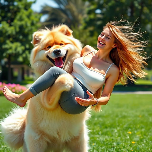 A playful and humorous scene featuring a large, fluffy dog joyfully holding a woman with a big bust in a lighthearted manner