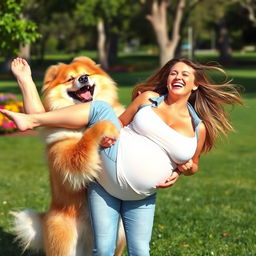 A playful and humorous scene featuring a large, fluffy dog joyfully holding a woman with a big bust in a lighthearted manner