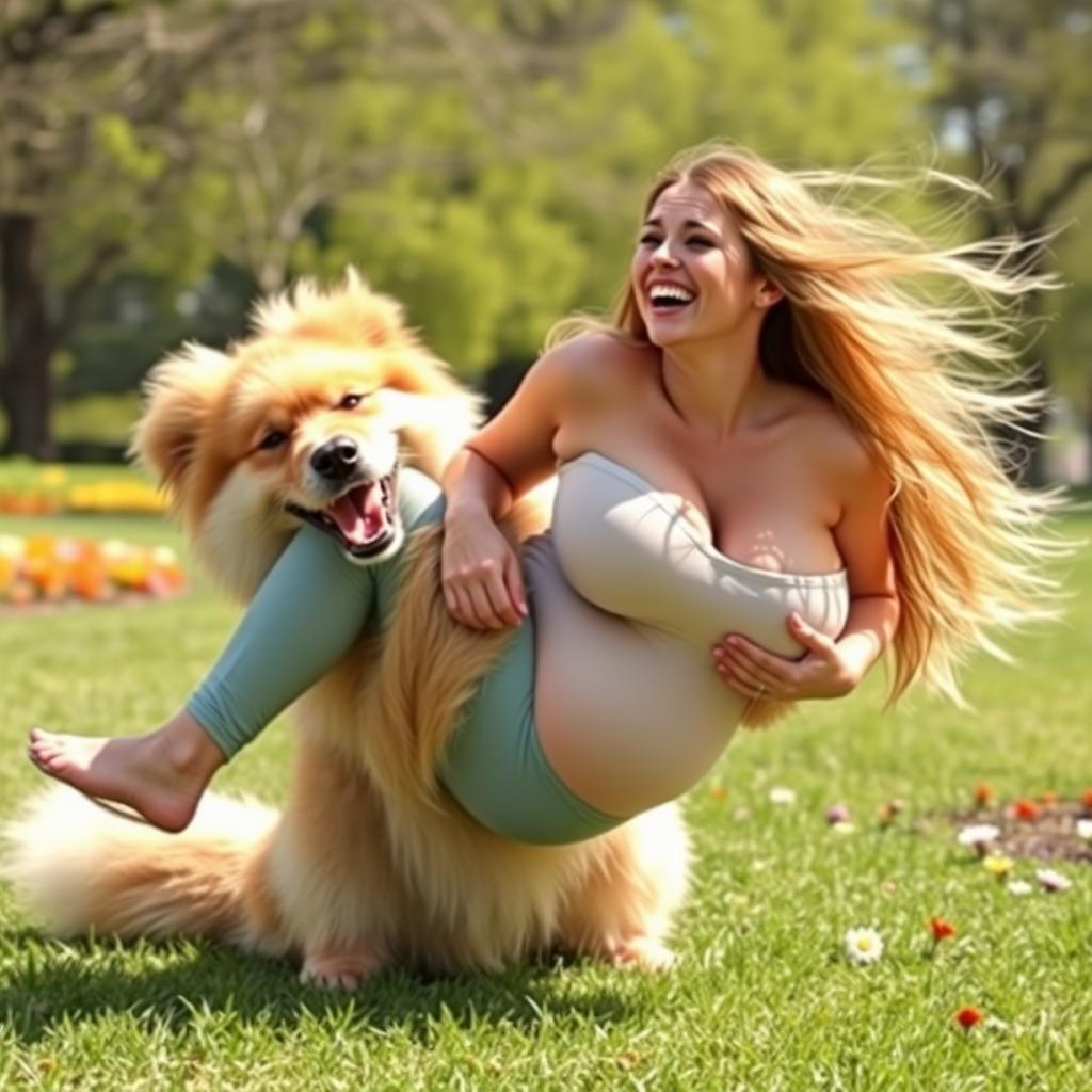 A playful and humorous scene featuring a large, fluffy dog joyfully holding a woman with a big bust in a lighthearted manner