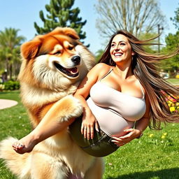 A playful and humorous scene featuring a large, fluffy dog joyfully holding a woman with a big bust in a lighthearted manner