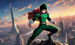 Midoriya Izuku from My Hero Academia reimagined as a Marvel superhero, standing in a dynamic pose against a cityscape at dusk