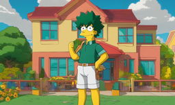 Midoriya Izuku from My Hero Academia reimagined as a character in The Simpsons, standing in front of the iconic Simpsons' house