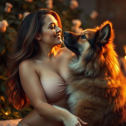 A sensual and artistic portrayal of a confident woman with a big bust, playfully interacting with a large, fluffy dog