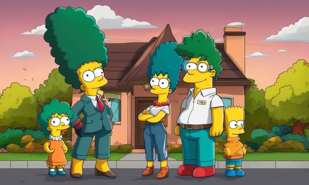 Midoriya Izuku from My Hero Academia reimagined as a character in The Simpsons, standing in front of the iconic Simpsons' house