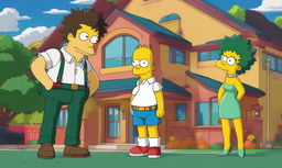 Midoriya Izuku from My Hero Academia reimagined as a character in The Simpsons, standing in front of the iconic Simpsons' house