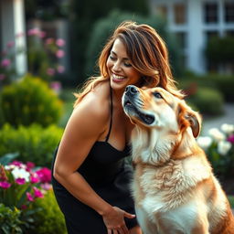 A sensual and playful interaction between a confident woman with a big bust and a large, affectionate dog