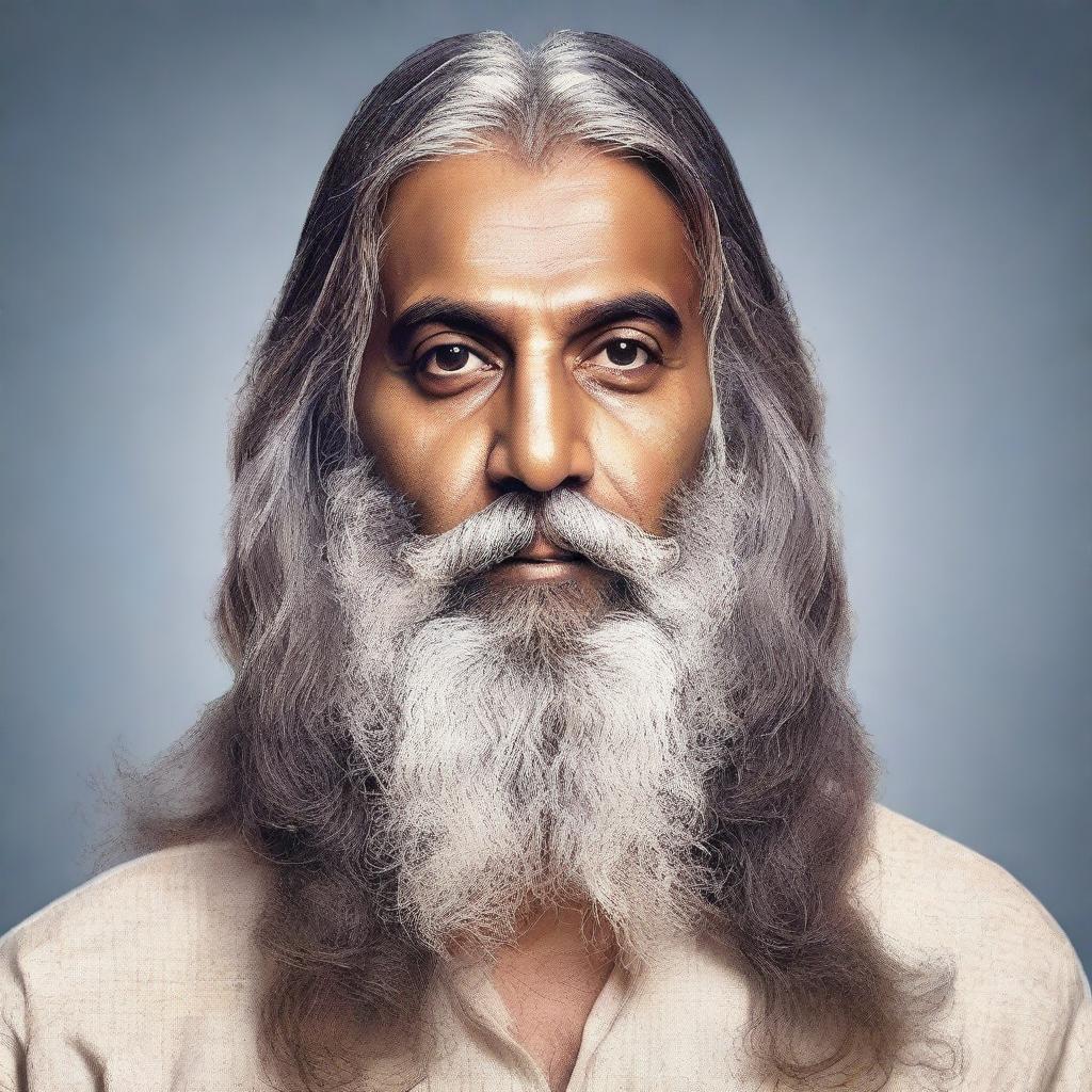 Generate an image of a middle-aged Indian man with long, unkempt hair and a beard.