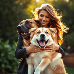 A sensual and playful scene of a confident woman being gently held by a large, affectionate dog