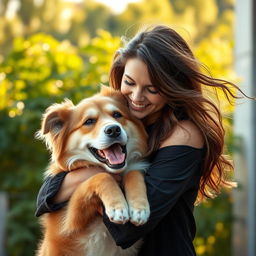 A sensual and playful scene of a confident woman being gently held by a large, affectionate dog