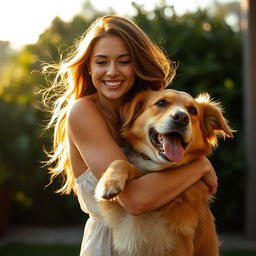 A sensual and playful scene of a confident woman being gently held by a large, affectionate dog