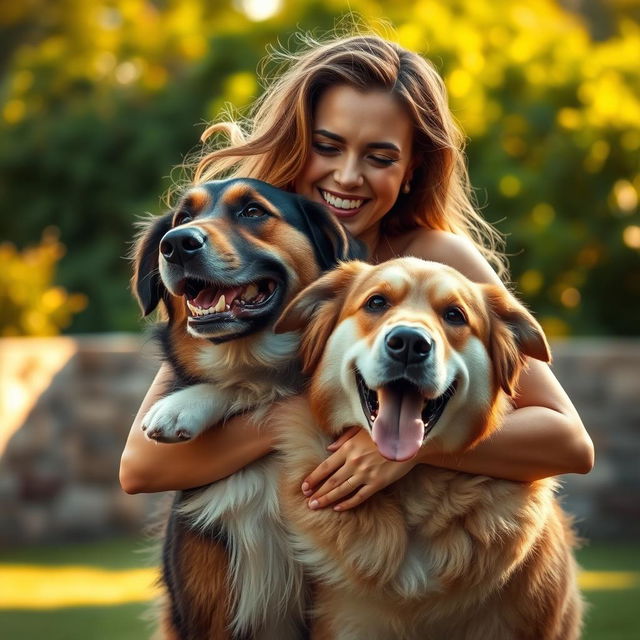 A sensual and playful scene of a confident woman being gently held by a large, affectionate dog