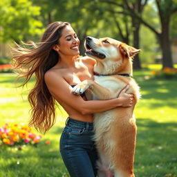 A sensual and playful scene depicting a confident woman being gently lifted by a large, strong dog in a loving and affectionate manner