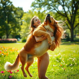 A sensual and playful scene depicting a confident woman being gently lifted by a large, strong dog in a loving and affectionate manner
