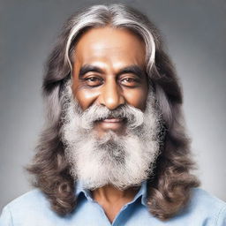 Generate an image of a middle-aged Indian man with long, unkempt hair and a beard.