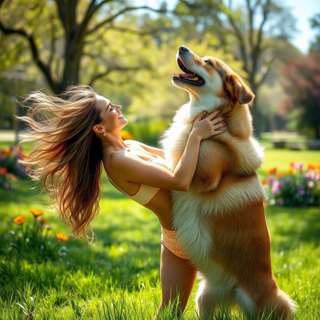 A sensual and playful scene depicting a confident woman being gently lifted by a large, strong dog in a loving and affectionate manner