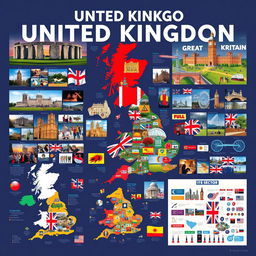 A striking poster about the United Kingdom, organized into distinct sections filled entirely with visuals and no text