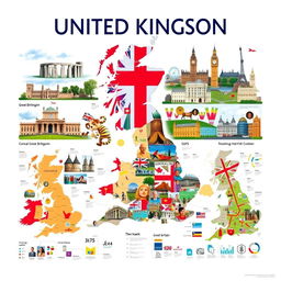 A striking poster about the United Kingdom, organized into distinct sections filled entirely with visuals and no text