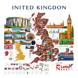 A striking poster about the United Kingdom, organized into distinct sections filled entirely with visuals and no text