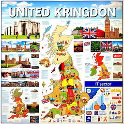 A striking poster about the United Kingdom, organized into distinct sections filled entirely with visuals and no text