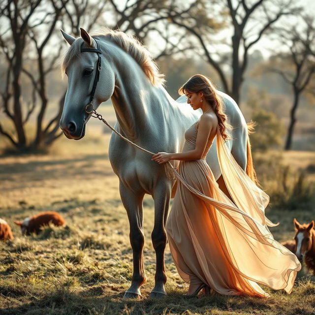 An artistic and intimate scene featuring a majestic horse gently interacting with a woman in a serene natural setting