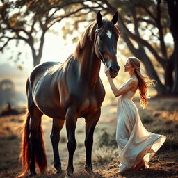 An artistic and intimate scene featuring a majestic horse gently interacting with a woman in a serene natural setting