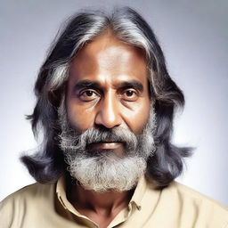 Generate an image of a middle-aged Indian man with long, unkempt hair and a beard.