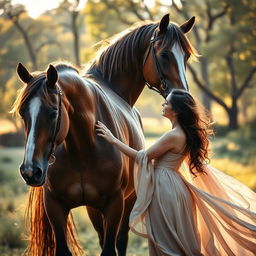 An artistic and intimate scene featuring a majestic horse gently interacting with a woman in a serene natural setting