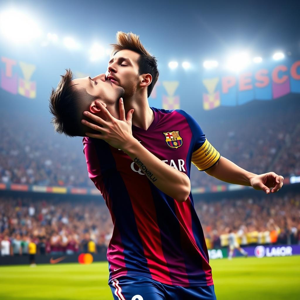 A dynamic and expressive scene of a professional soccer player, resembling Lionel Messi, passionately kissing a soccer ball on the pitch