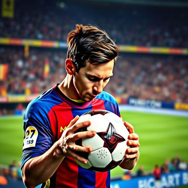 A dynamic and expressive scene of a professional soccer player, resembling Lionel Messi, passionately kissing a soccer ball on the pitch