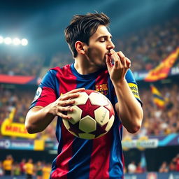 A dynamic and expressive scene of a professional soccer player, resembling Lionel Messi, passionately kissing a soccer ball on the pitch