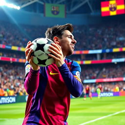 A dynamic and expressive scene of a professional soccer player, resembling Lionel Messi, passionately kissing a soccer ball on the pitch
