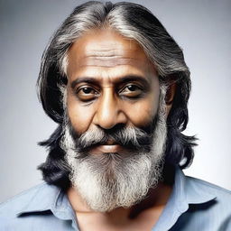 Generate an image of a middle-aged Indian man with long, unkempt hair and a beard.