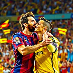 A colorful and dynamic scene capturing two iconic soccer players, resembling Lionel Messi and Cristiano Ronaldo, sharing a joyful and celebratory moment with a friendly kiss on the cheek during a soccer match celebration