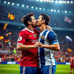 A colorful and dynamic scene capturing two iconic soccer players, resembling Lionel Messi and Cristiano Ronaldo, sharing a joyful and celebratory moment with a friendly kiss on the cheek during a soccer match celebration