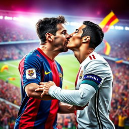 A colorful and dynamic scene capturing two iconic soccer players, resembling Lionel Messi and Cristiano Ronaldo, sharing a joyful and celebratory moment with a friendly kiss on the cheek during a soccer match celebration