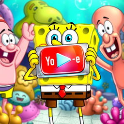 A whimsical and colorful cartoon scene featuring SpongeBob SquarePants holding a shiny YouTube play button plaque in his hands