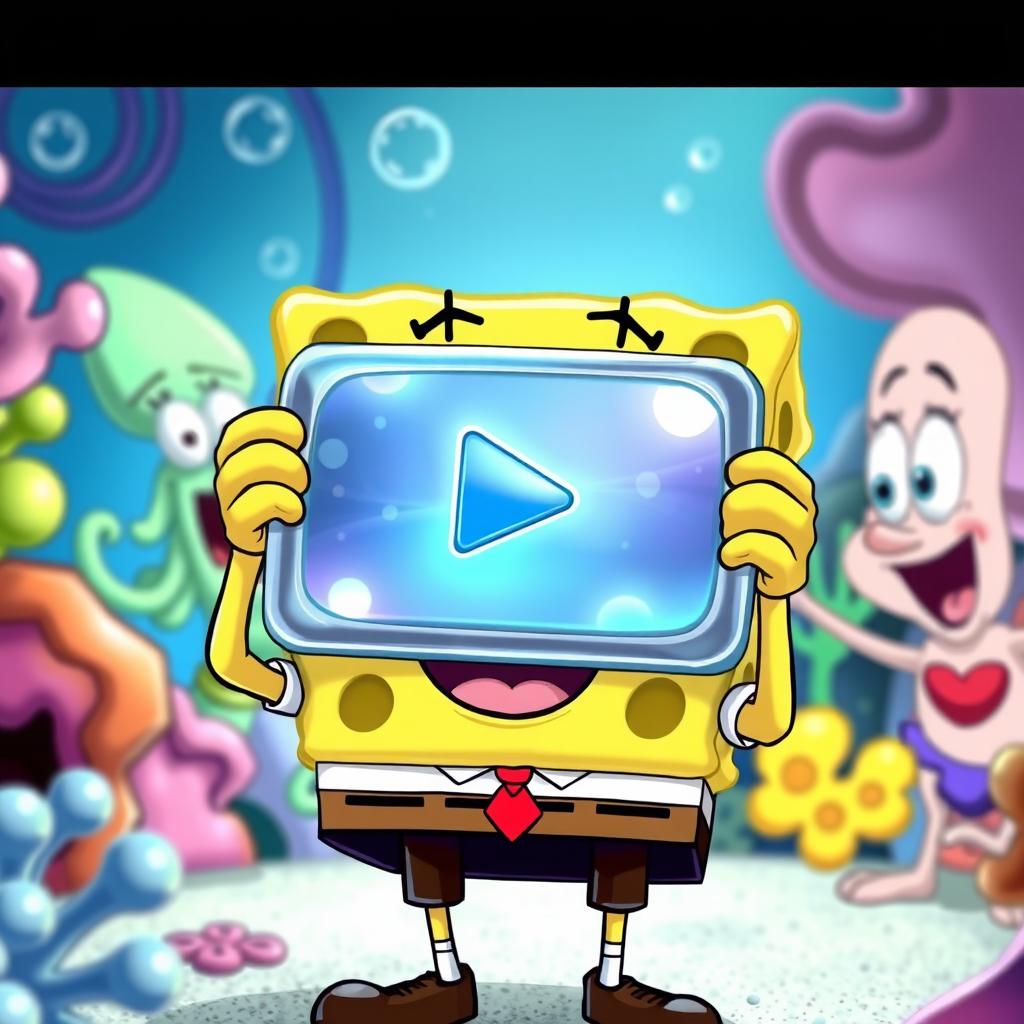 A whimsical and colorful cartoon scene featuring SpongeBob SquarePants holding a shiny YouTube play button plaque in his hands