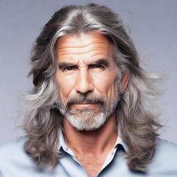 Modify the existing image to highlight the man's long, unkempt hair as salt and pepper-colored.