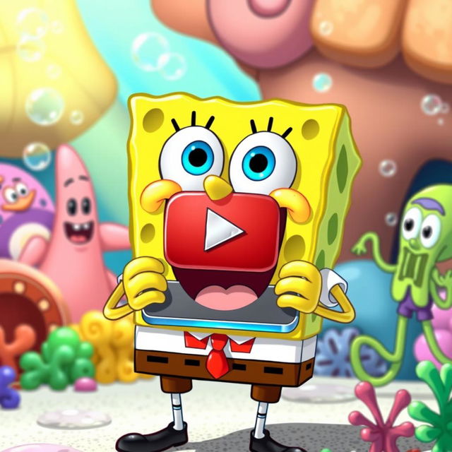 A whimsical and colorful cartoon scene featuring SpongeBob SquarePants holding a shiny YouTube play button plaque in his hands