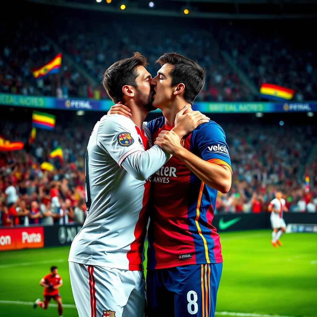 A colorful and dynamic scene capturing two iconic soccer players, resembling Lionel Messi and Cristiano Ronaldo, sharing a joyful and celebratory moment with a friendly kiss on the cheek during a soccer match celebration