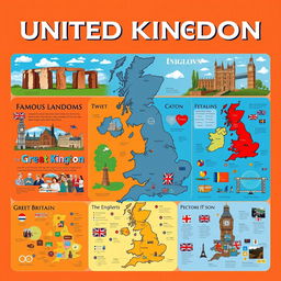 A visually engaging poster about the United Kingdom, organized into multiple sections each rich with visuals and entirely free of text