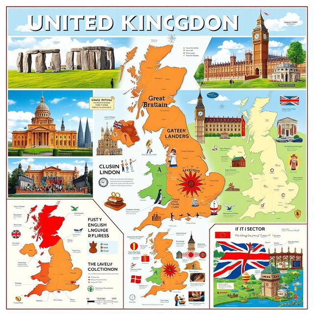 A visually engaging poster about the United Kingdom, organized into multiple sections each rich with visuals and entirely free of text