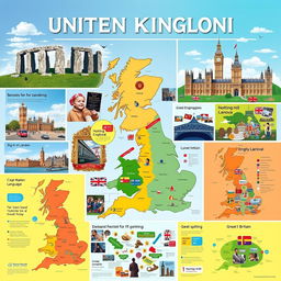 A visually engaging poster about the United Kingdom, organized into multiple sections each rich with visuals and entirely free of text