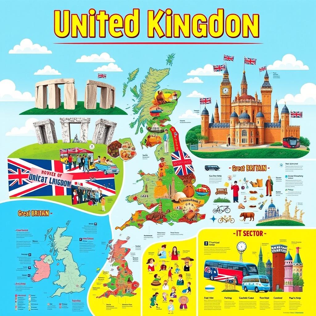 A visually engaging poster about the United Kingdom, organized into multiple sections each rich with visuals and entirely free of text